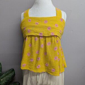 Entro Yellow Sleeveless Cotton Sundress With Pink Floral Print Size M